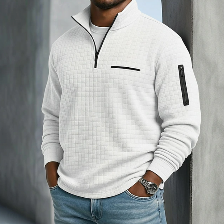 Men's textured quarter-zip jumper with mock neck and zipped pockets