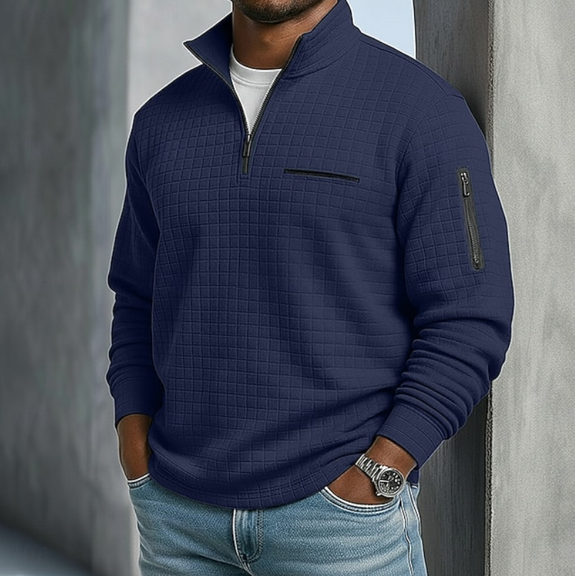 Men's textured quarter-zip jumper with mock neck and zipped pockets
