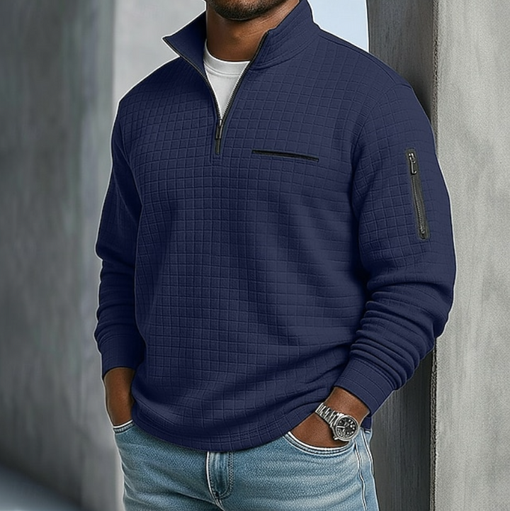 Men's textured quarter-zip jumper with mock neck and zipped pockets