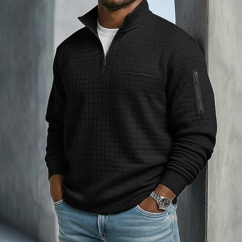 Men's textured quarter-zip jumper with mock neck and zipped pockets