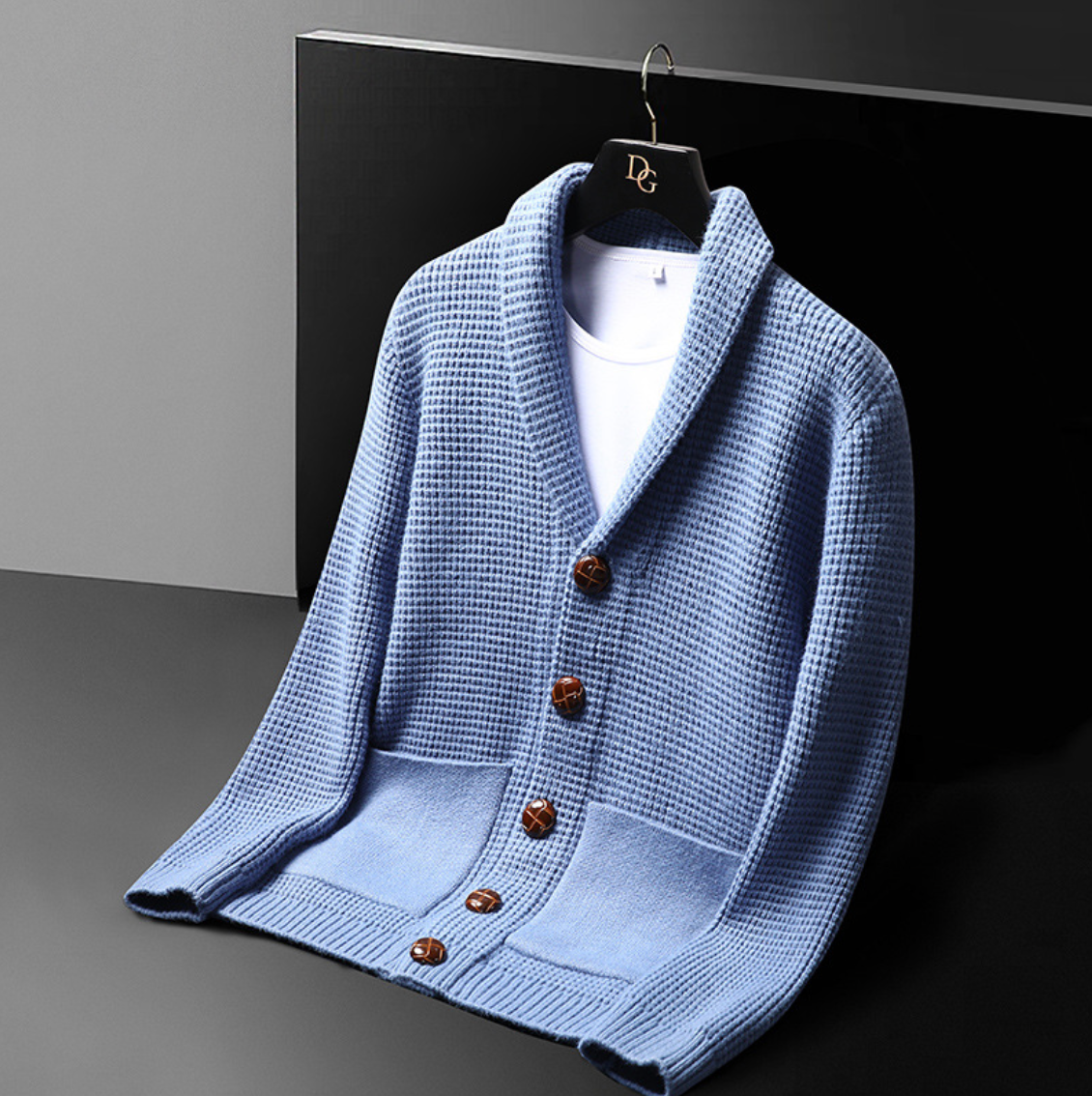Knit cardigan with shawl collar buttons and patch pockets