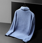 Knit cardigan with shawl collar buttons and patch pockets