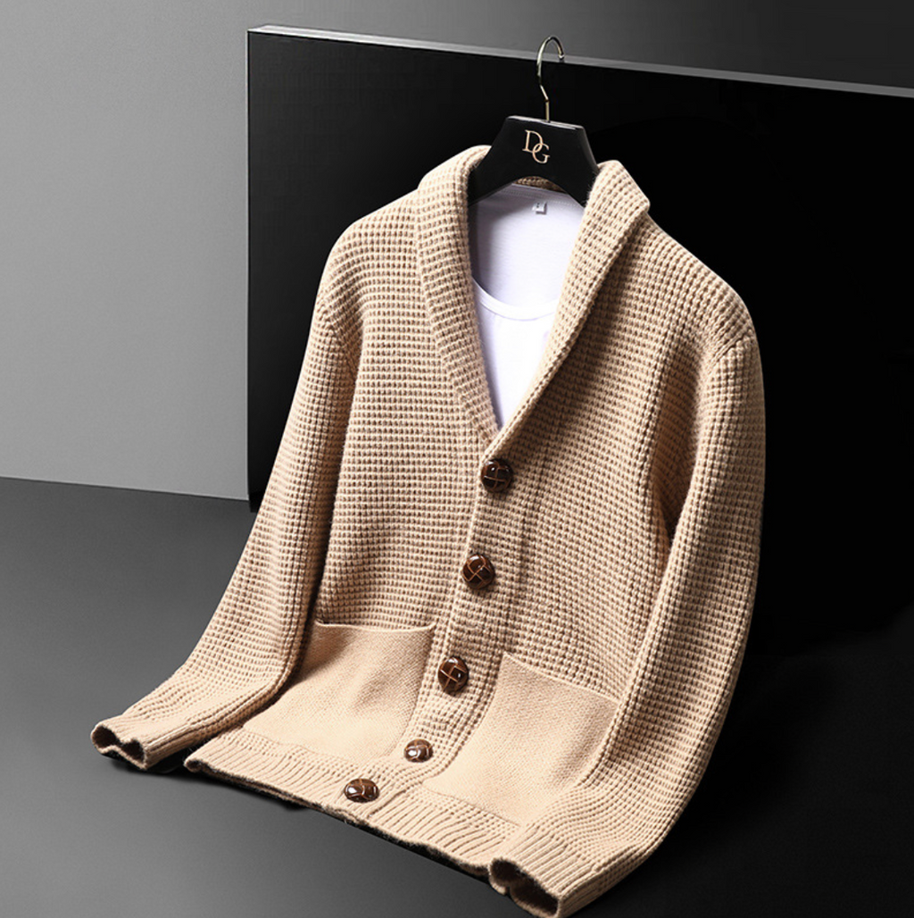 Knit cardigan with shawl collar buttons and patch pockets