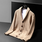Knit cardigan with shawl collar buttons and patch pockets