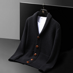 Knit cardigan with shawl collar buttons and patch pockets