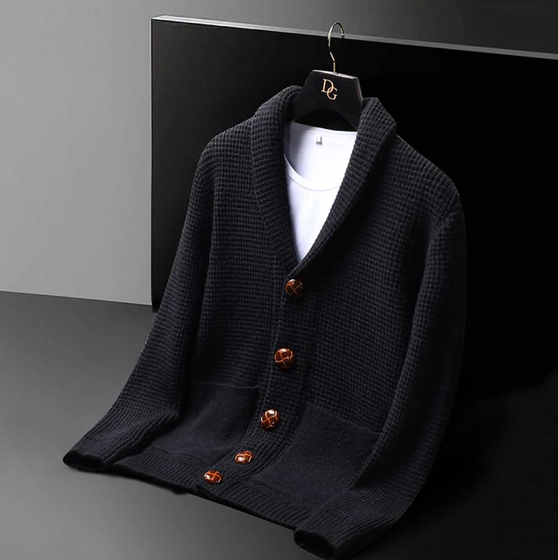 Knit cardigan with shawl collar buttons and patch pockets