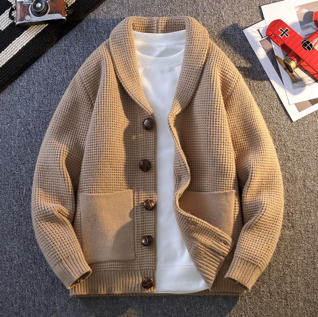 Textured knit cardigan with shawl collar, button front and patch pockets