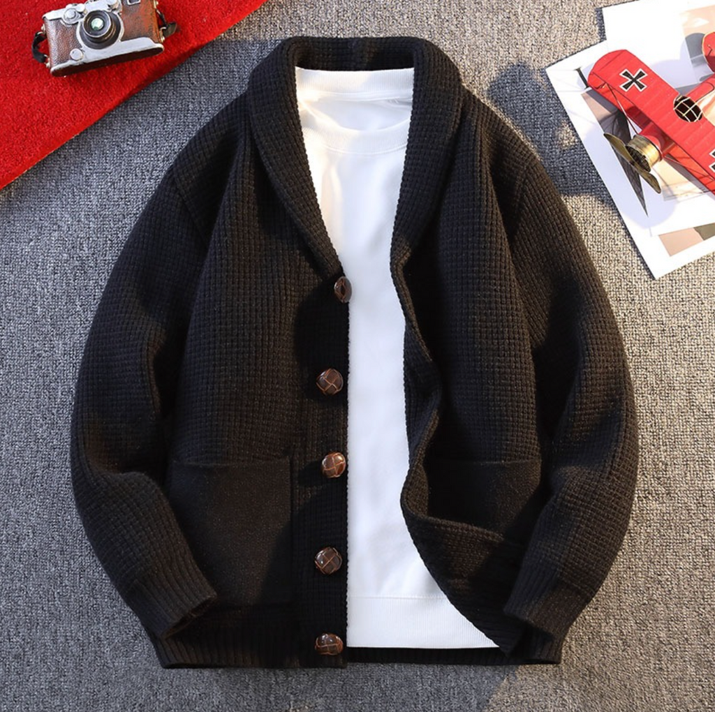 Textured knit cardigan with shawl collar, button front and patch pockets