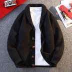 Textured knit cardigan with shawl collar, button front and patch pockets
