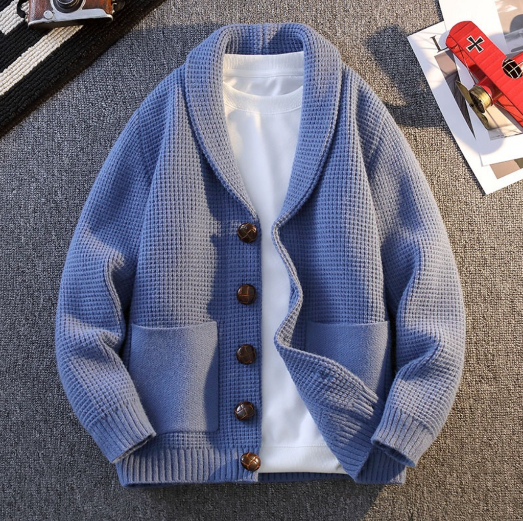 Textured knit cardigan with shawl collar, button front and patch pockets