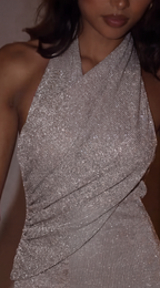 Women's silver halter maxi dress with wrap front and shimmer finish