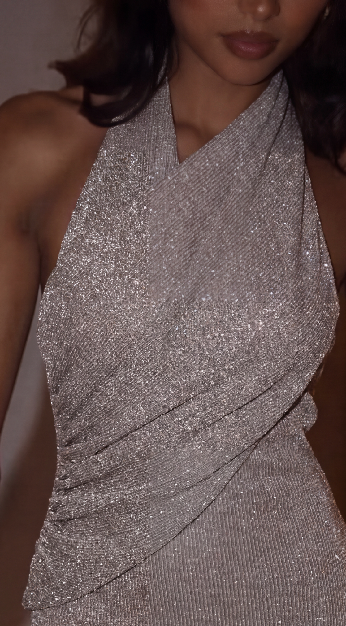 Women's silver halter maxi dress with wrap front and shimmer finish