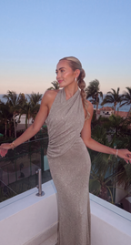 Women's silver halter maxi dress with wrap front and shimmer finish