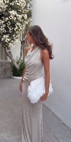 Women's silver halter maxi dress with wrap front and shimmer finish