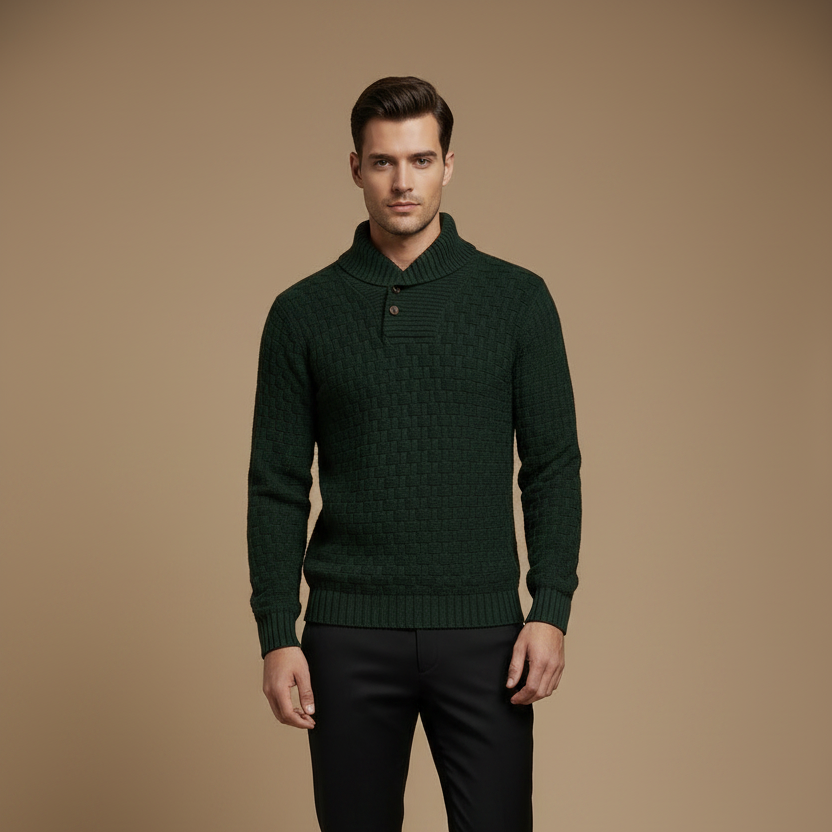 Men's textured turtleneck sweater with cowl collar and button detail
