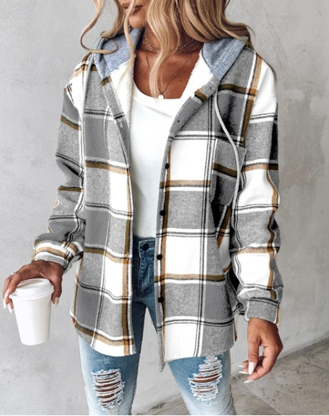 Women's plaid hooded shacket with button front