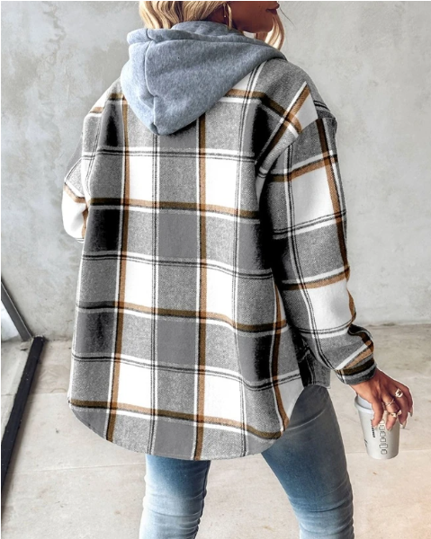 Women's plaid hooded shacket with button front