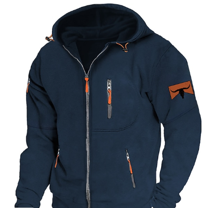Men's full-zip hooded sweatshirt with zipped pockets and long sleeves