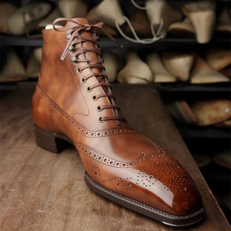 Men's lace-up brogue ankle boots with perforated detailing