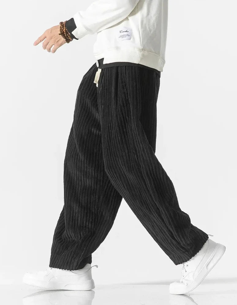 Men's wide-leg ribbed corduroy trousers with drawstring waist