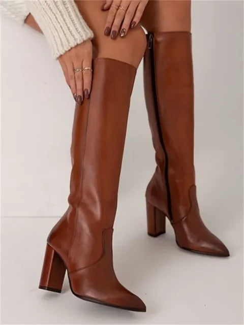 Women's knee-high pointed toe heeled boots