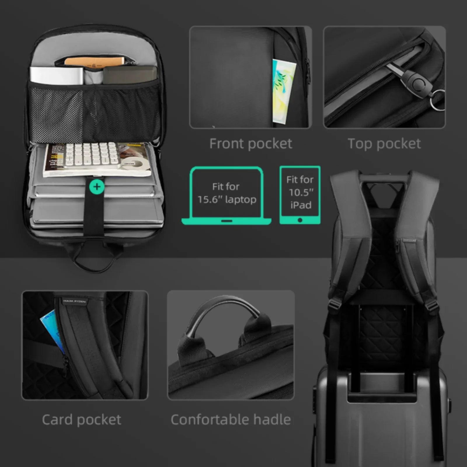 Black slim laptop backpack for men with padded straps and front pocket