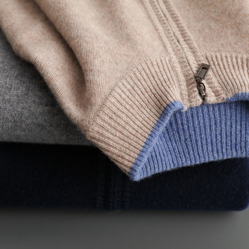 Unisex knitted zip-front bomber cardigan with ribbed collar