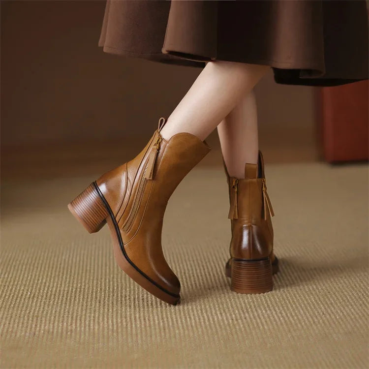 Women's ankle boots with side zips, rounded toes and block heels