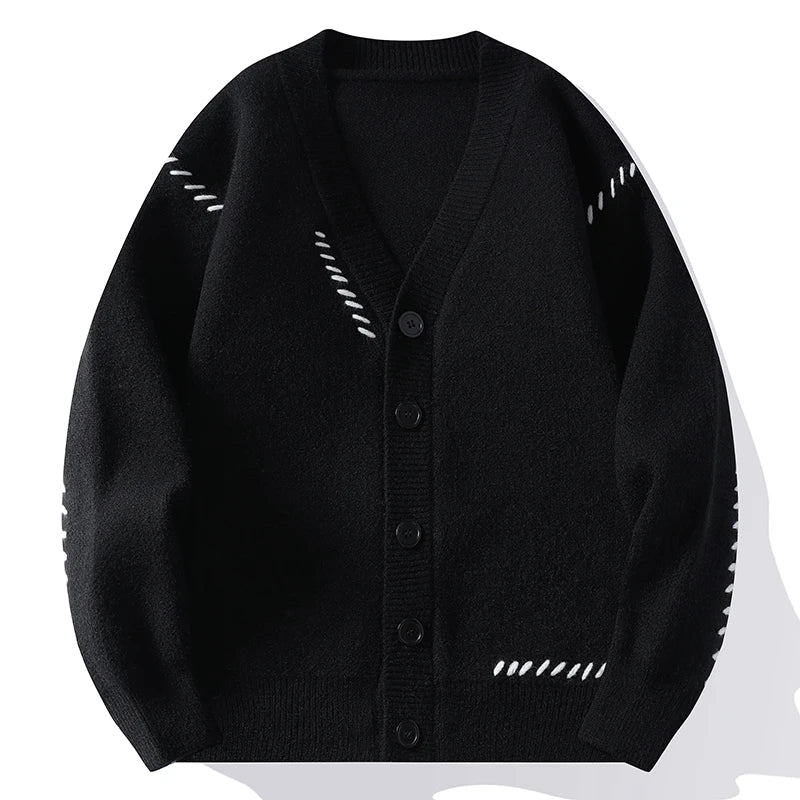 Textured button-front cardigan with V-neckline and contrasting stitched details