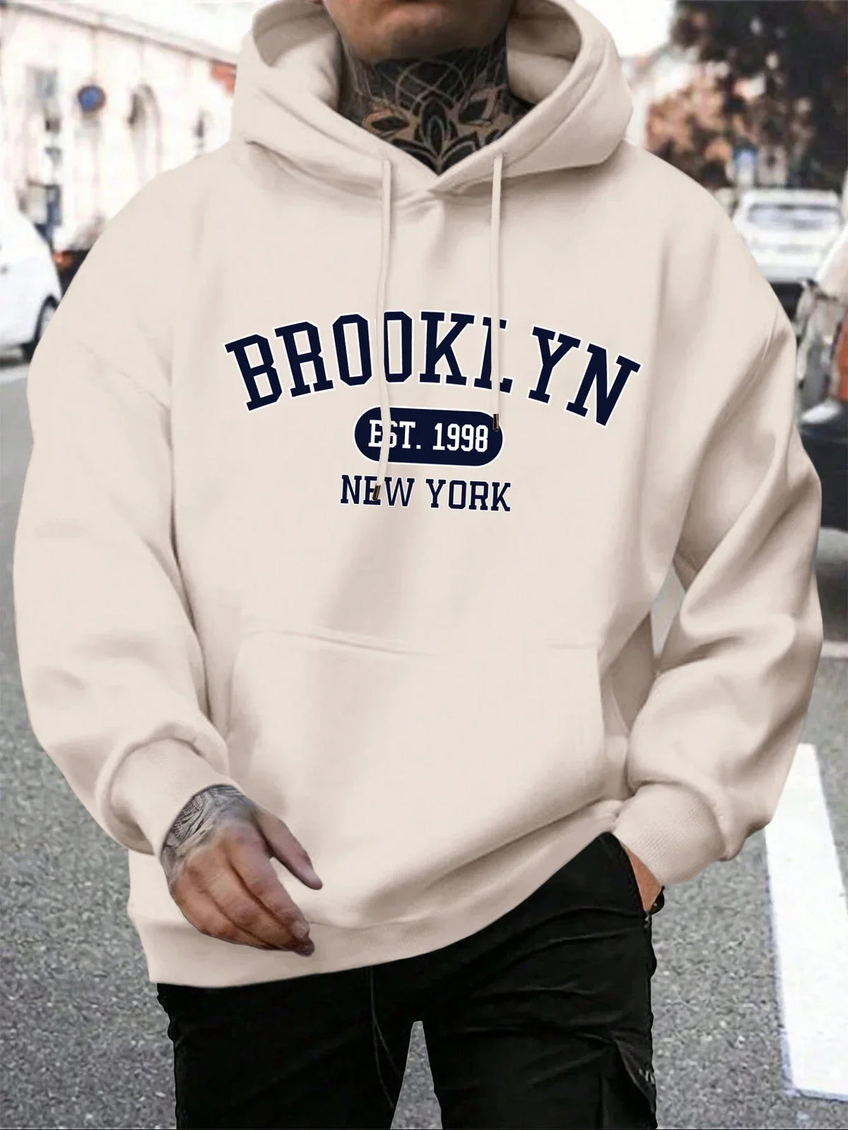 Men's long-sleeve graphic hoodie with drawstring hood and kangaroo pocket