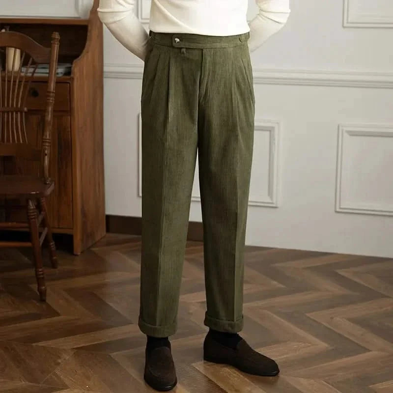 Women's pleated wide-leg corduroy trousers with high waist