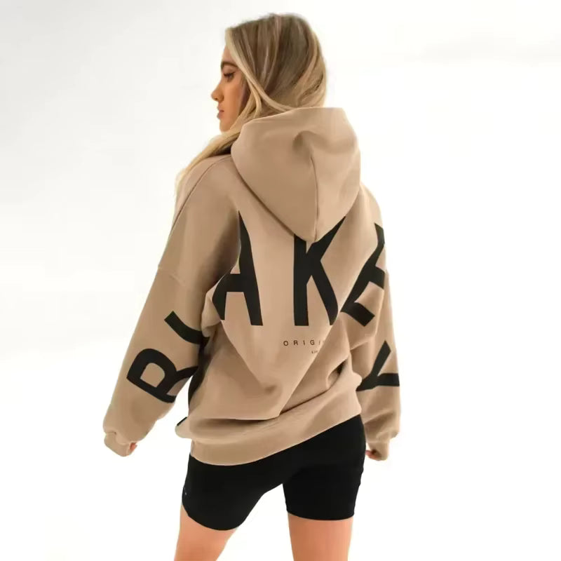 Women's graphic print hoodie with hood and bold back lettering