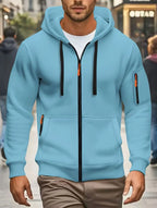Men's dark green hooded zip-up hoodie with long sleeves and multiple zipped pockets