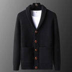 Textured knitted cardigan with shawl collar, buttons and patch pockets