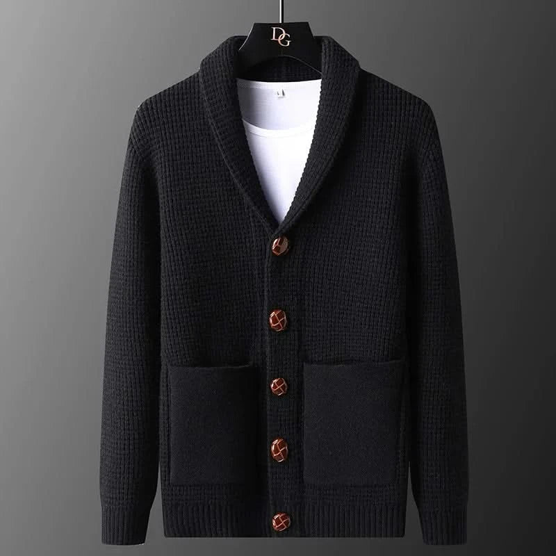 Textured knitted cardigan with shawl collar, buttons and patch pockets