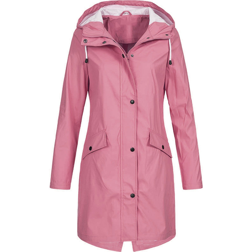 Women's hooded mid-length raincoat with long sleeves and front pockets