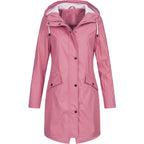 Women's hooded mid-length raincoat with long sleeves and front pockets