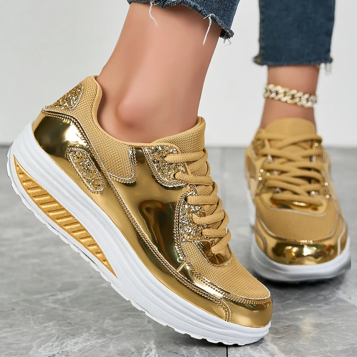 Metallic lace-up sneakers with sequined panels and platform soles