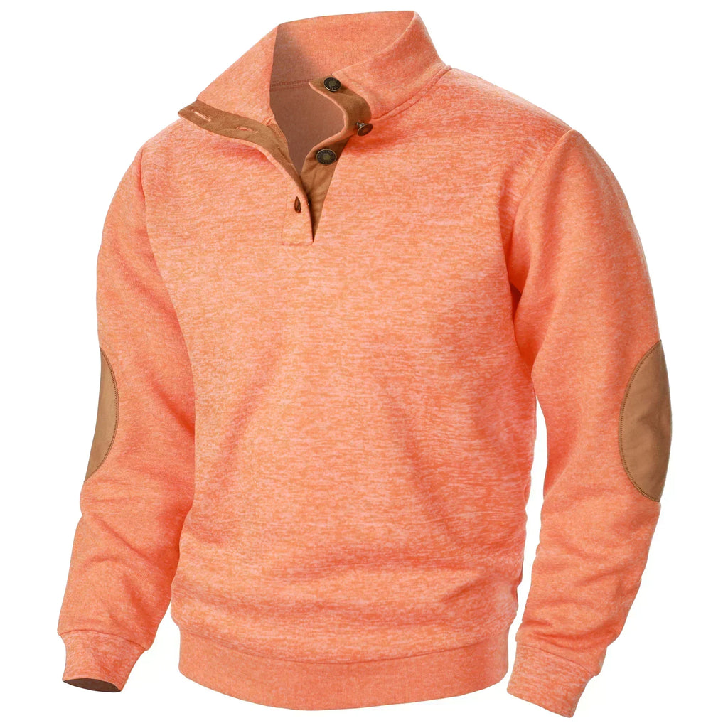 Men's textured mock neck sweater with contrast elbow patches