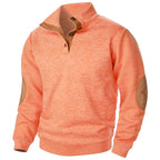 Men's textured mock neck sweater with contrast elbow patches