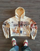 Beige hooded zip hoodie with postal stamp graphics and long sleeves