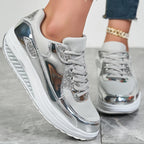 Metallic lace-up sneakers with sequined panels and platform soles