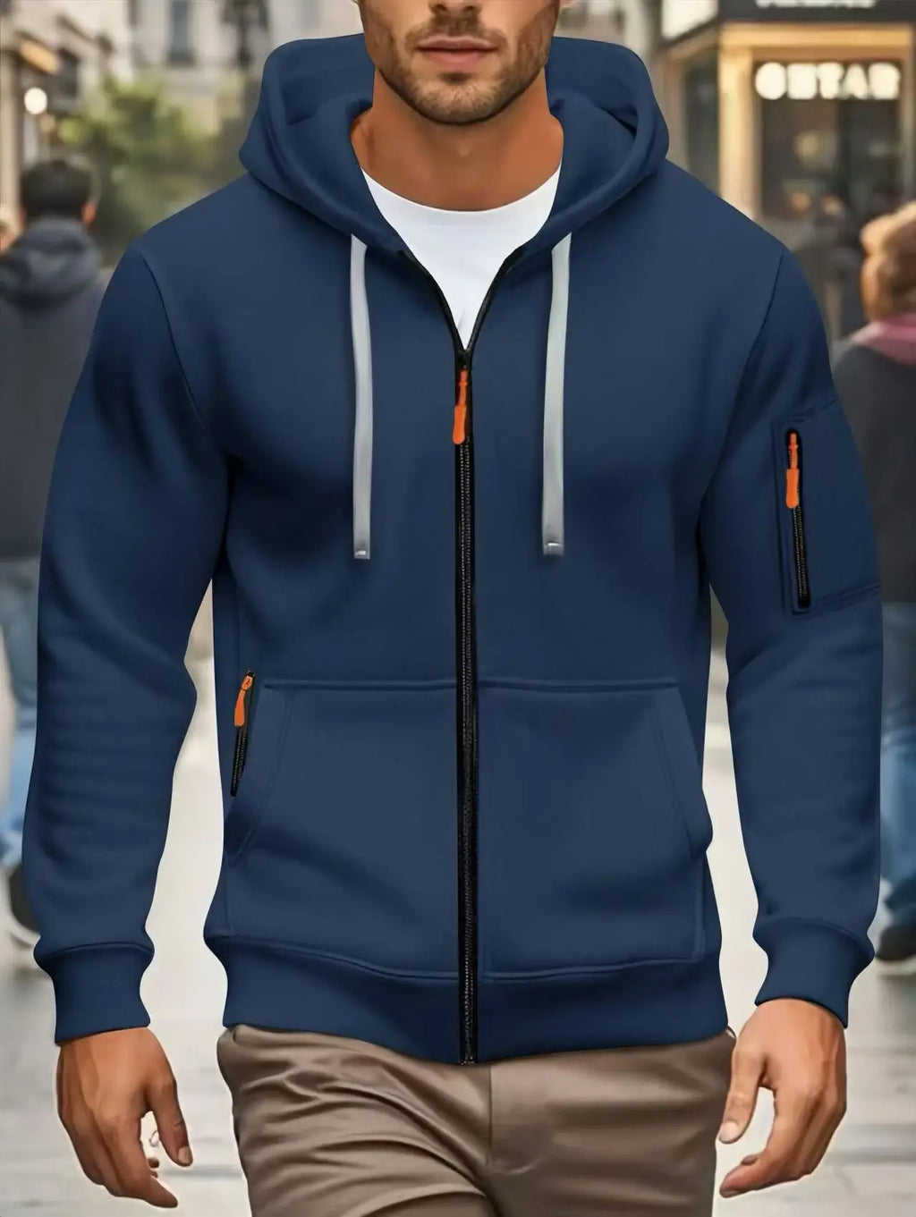 Men's dark green hooded zip-up hoodie with long sleeves and multiple zipped pockets