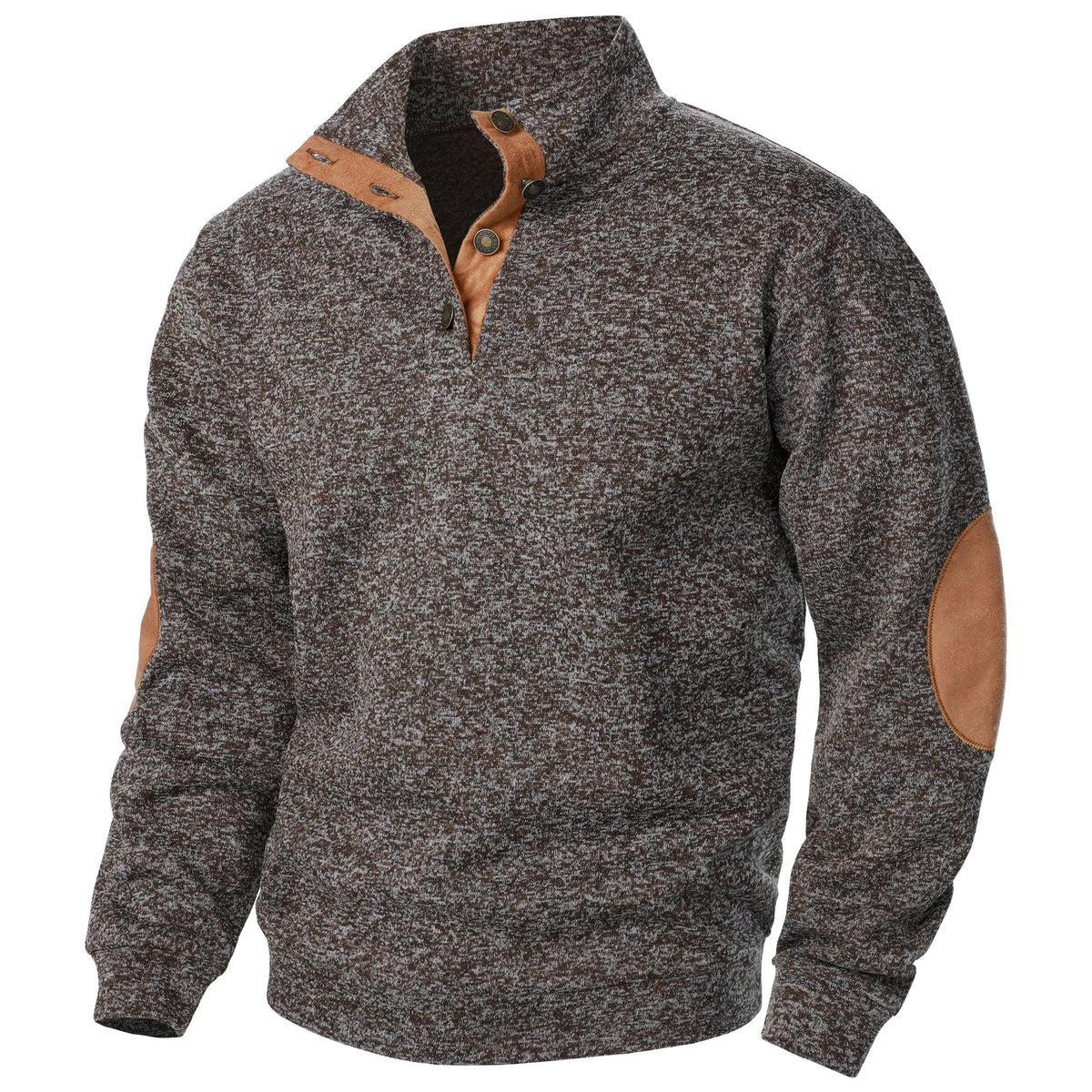Men's textured mock neck sweater with contrast elbow patches