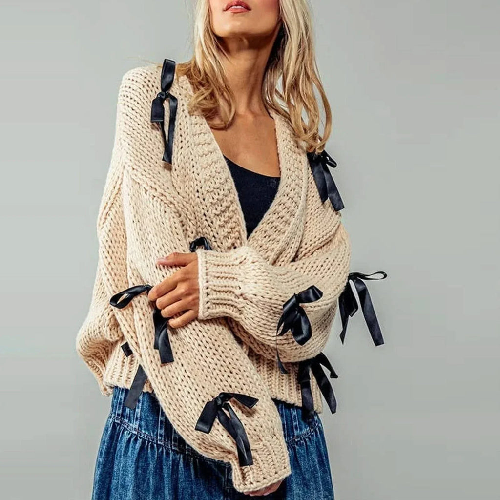Women's knitted cardigan with ribbon bow ties and long sleeves