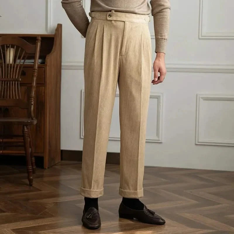 Women's pleated wide-leg corduroy trousers with high waist