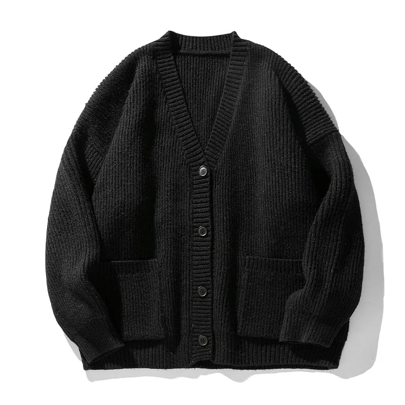 Women's oversized ribbed V-neck cardigan with buttons and patch pockets