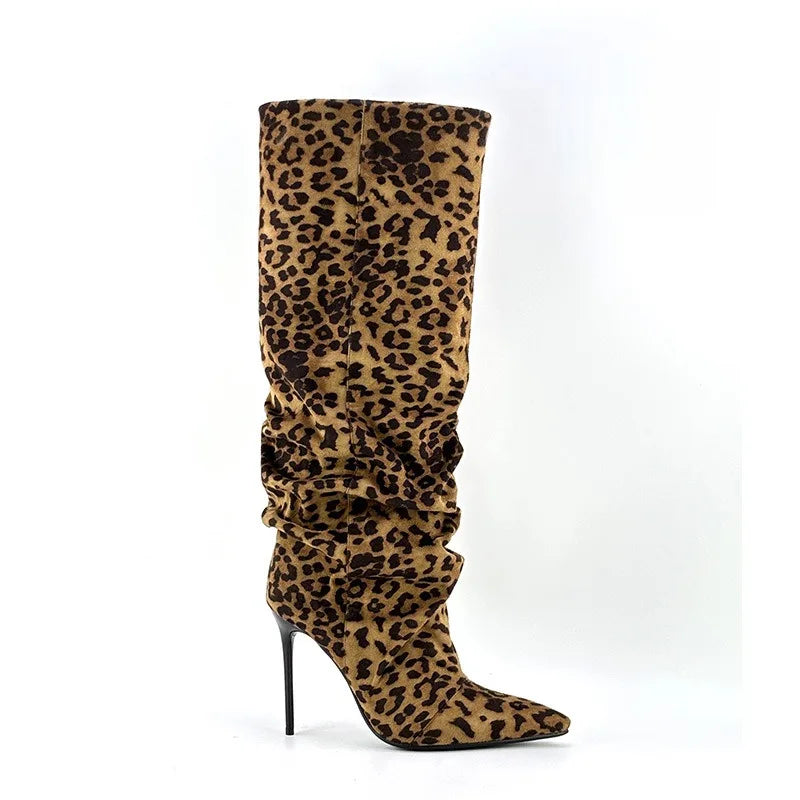Women's slouch knee-high boots with pointed toes and stiletto heels