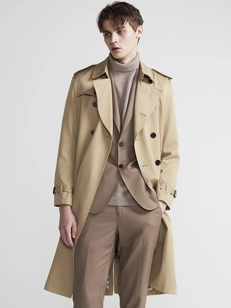 Men's long belted double-breasted trench coat