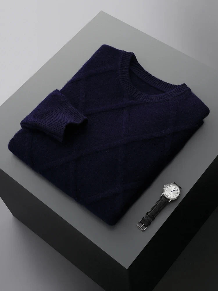 Long-sleeve diamond pattern crew neck sweater with ribbed trims